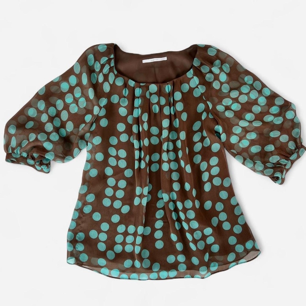 Lightweight sheer blouse with a rich chocolate brown teal polka dots